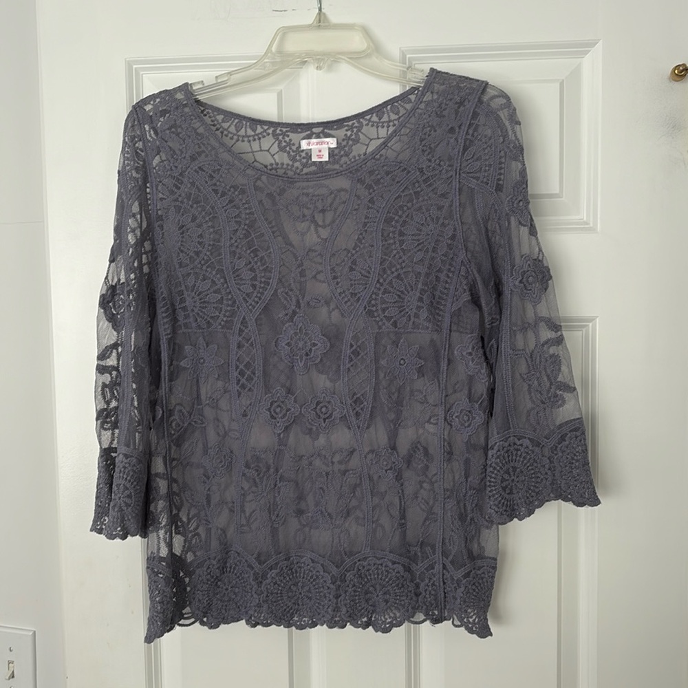 Xhilaration lavender lace 3/4 sleeve sheer top size M ASO Lydia Martin